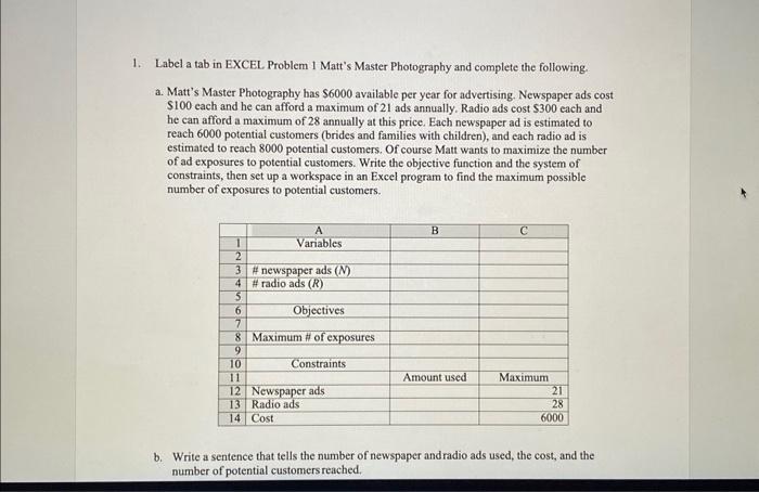 project 1. Label a tab in EXCEL Problem 1 Matt's Master Photography