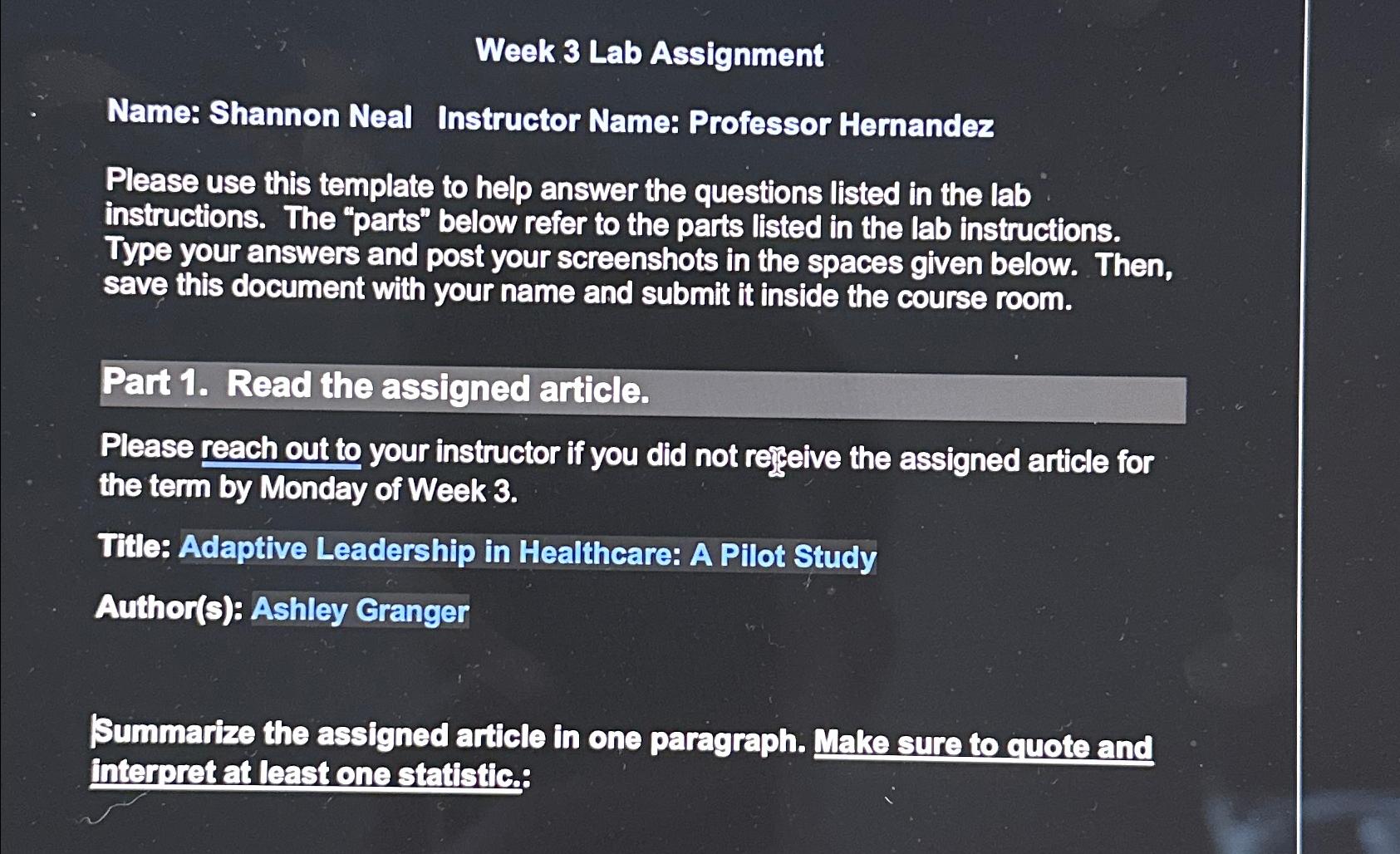  Week 3 Lab Assignment Name: Shannon Neal Instructor Name: Professor Hernandez