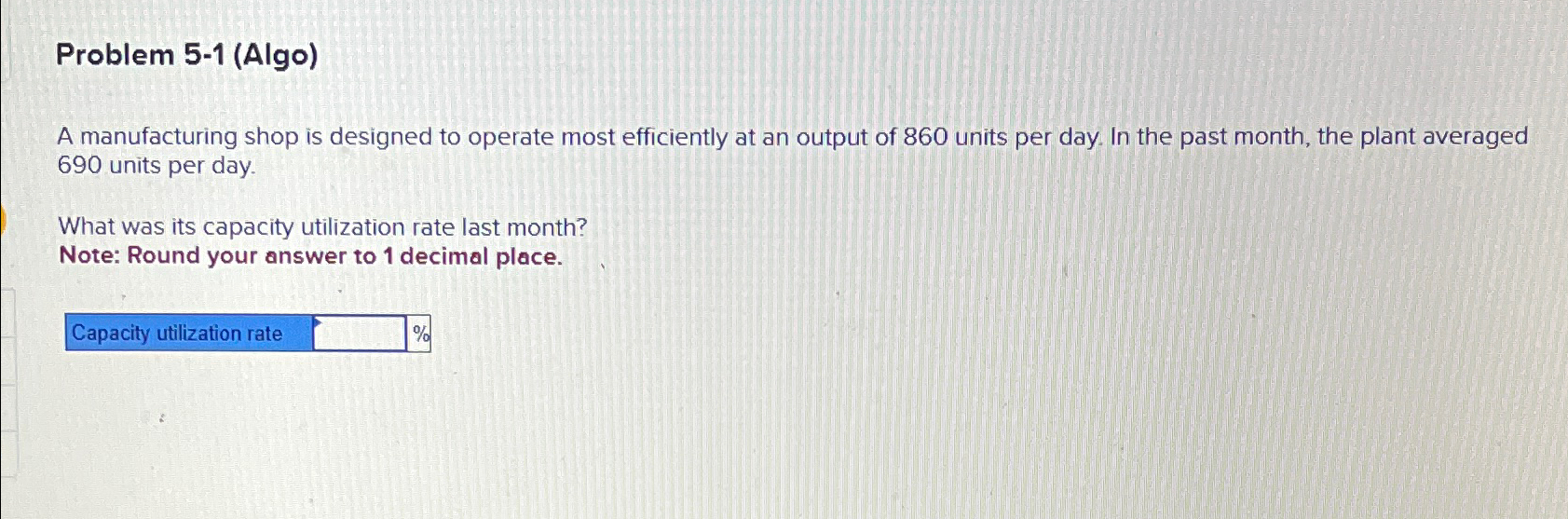  Problem 5-1(Algo) A manufacturing shop is designed to operate most efficiently