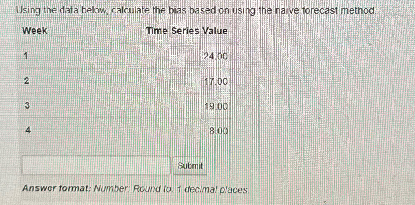  Using the data below, calculate the bias based on using the