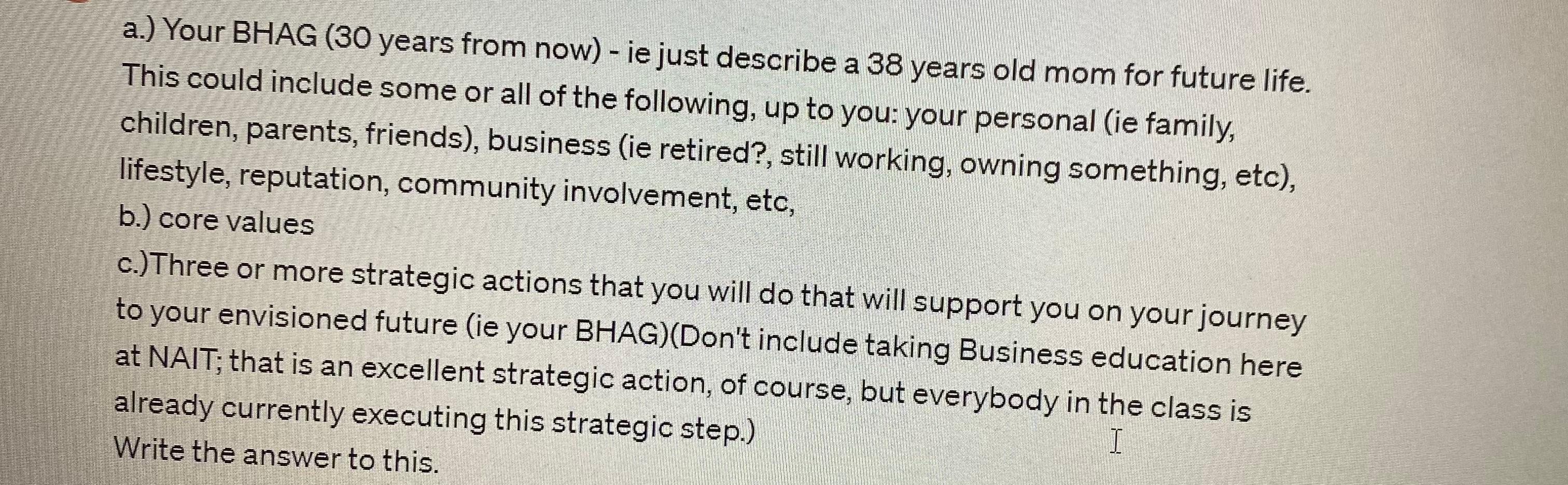  a.) Your BHAG (30 years from now)- ie just describe a