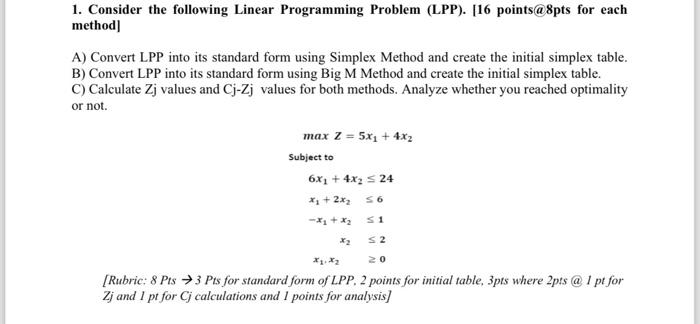  1. Consider the following Linear Programming Problem (LPP). [16 points@8pts for