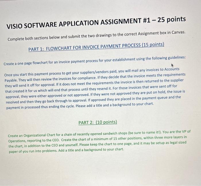  VISIO SOFTWARE APPLICATION ASSIGNMENT \#1 - 25 points Complete both sections