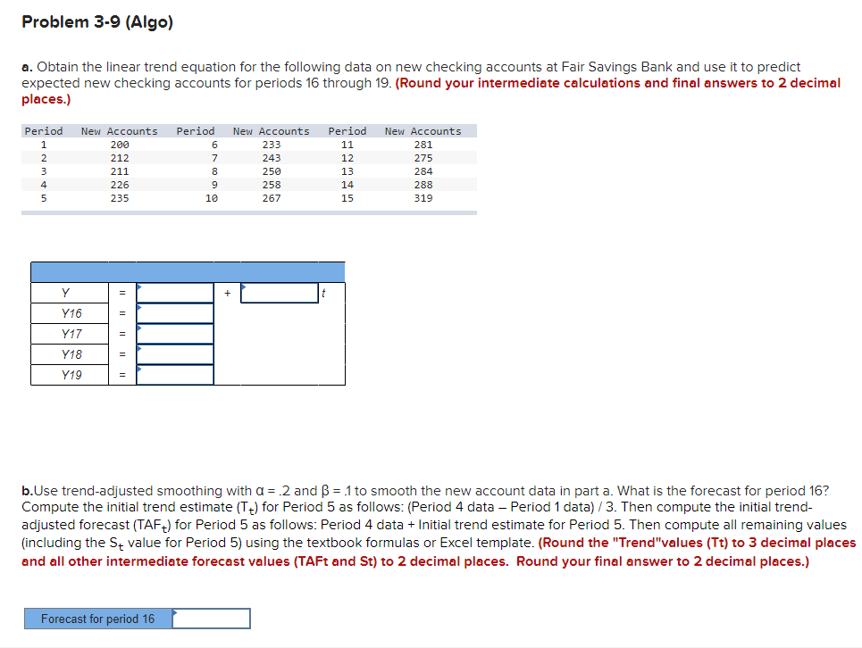  Problem 3-9(Algo) a. Obtain the linear trend equation for the following