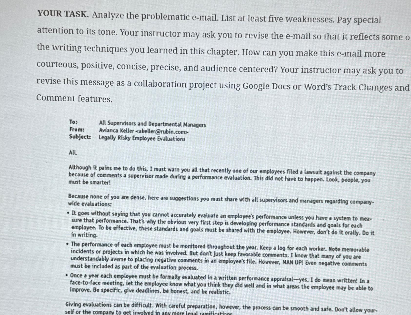  YOUR TASK. Analyze the problematic e-mail. List at least five weaknesses.