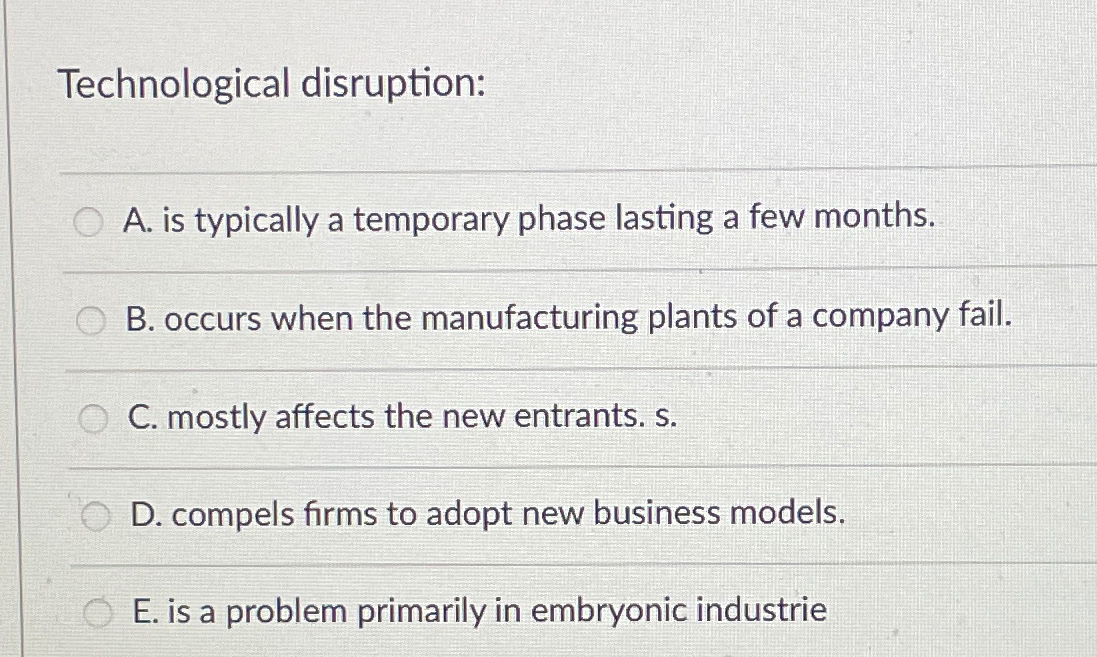  Technological disruption: A. is typically a temporary phase lasting a few