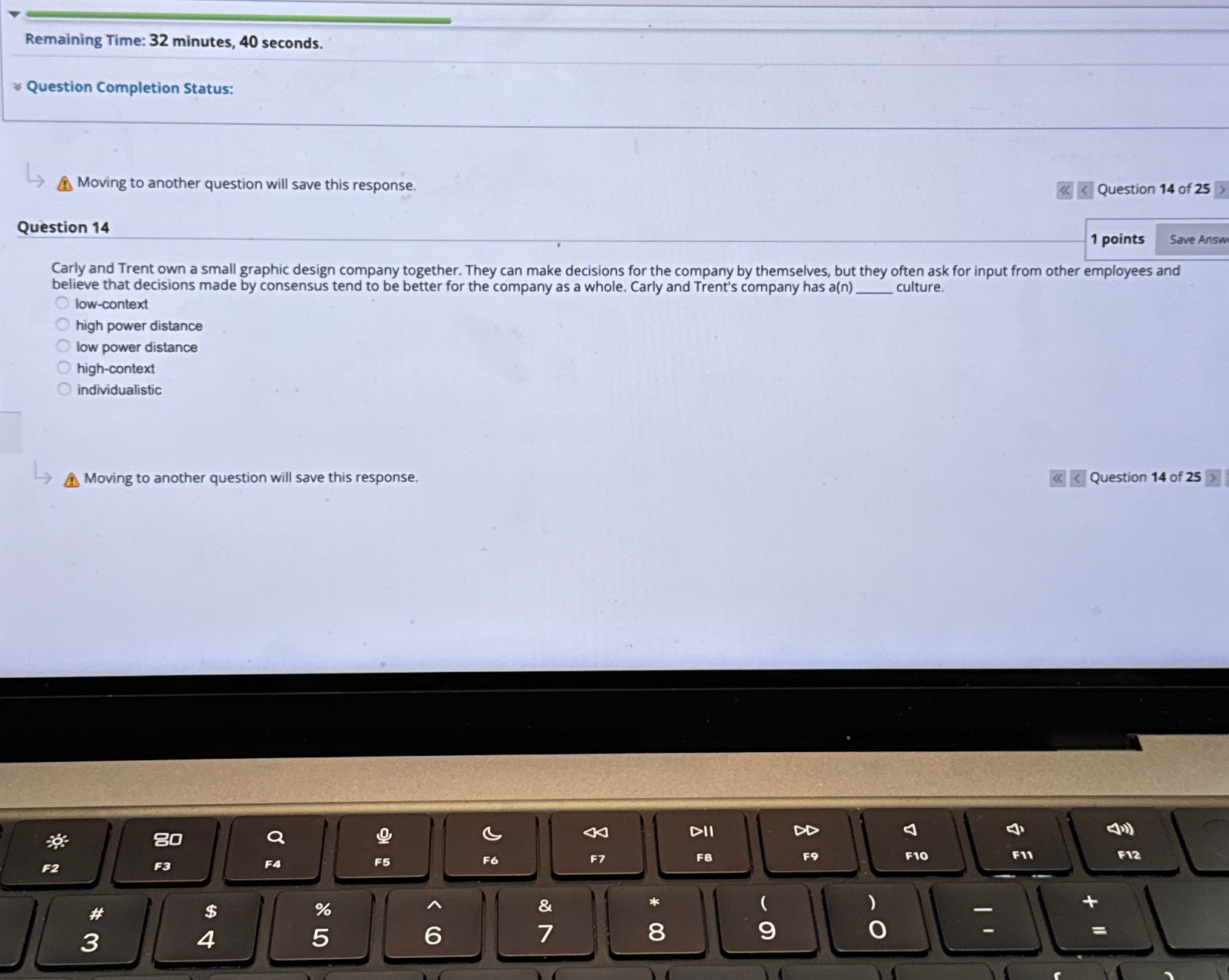  Remaining Time: 32 minutes, 40 seconds. Question Completion Status: Moving to
