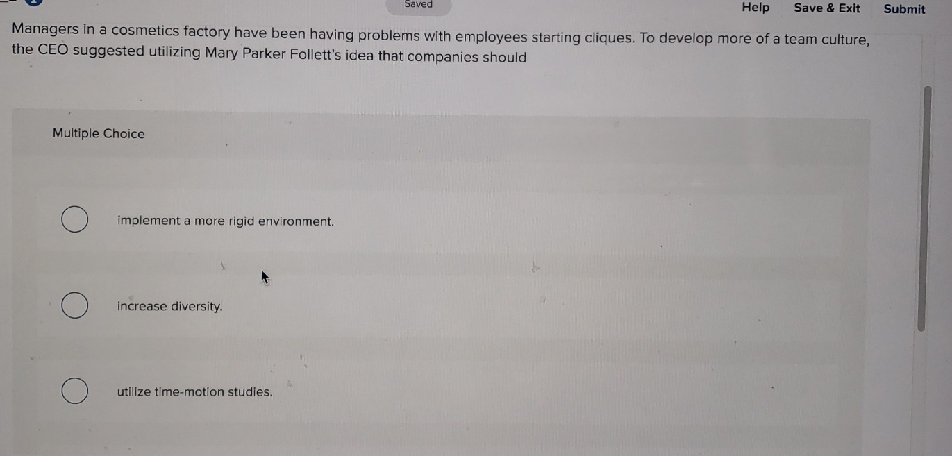  Saved Help Save & Exit Submit Managers in a cosmetics factory