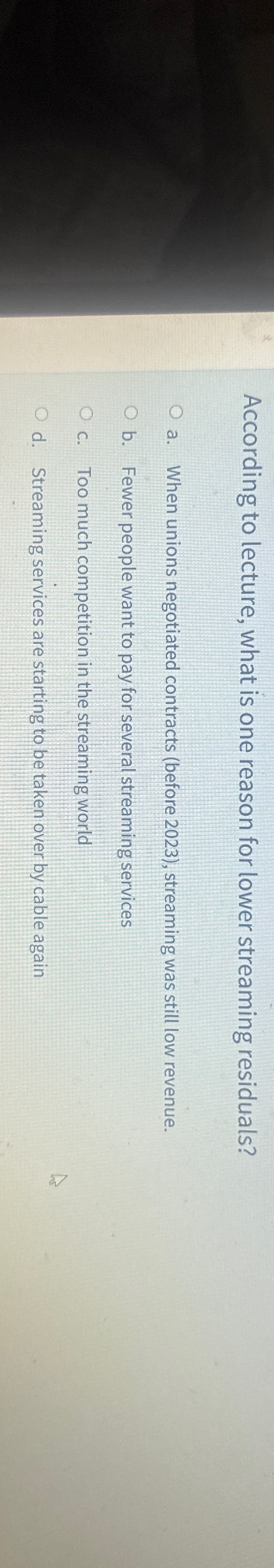  According to lecture, what is one reason for lower streaming residuals?