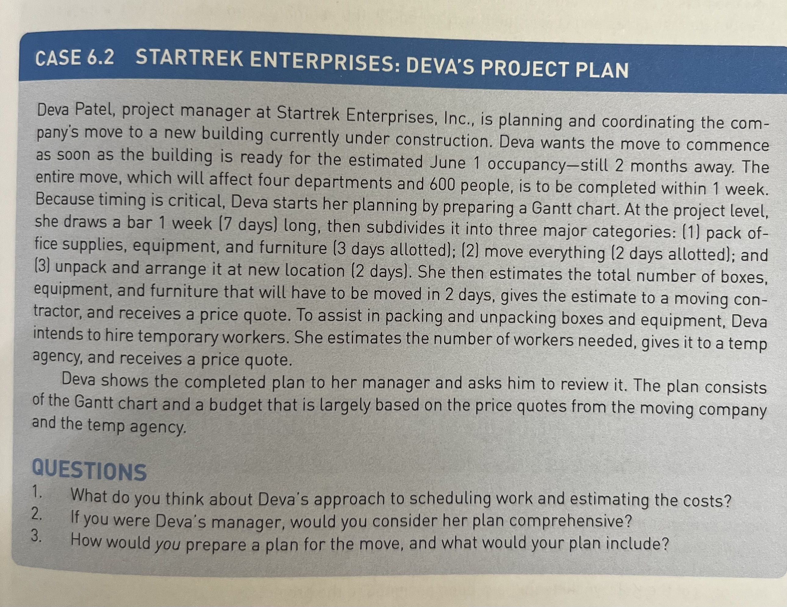 Deva Patel, project manager at Startrek Enterprises, Inc., is planning and