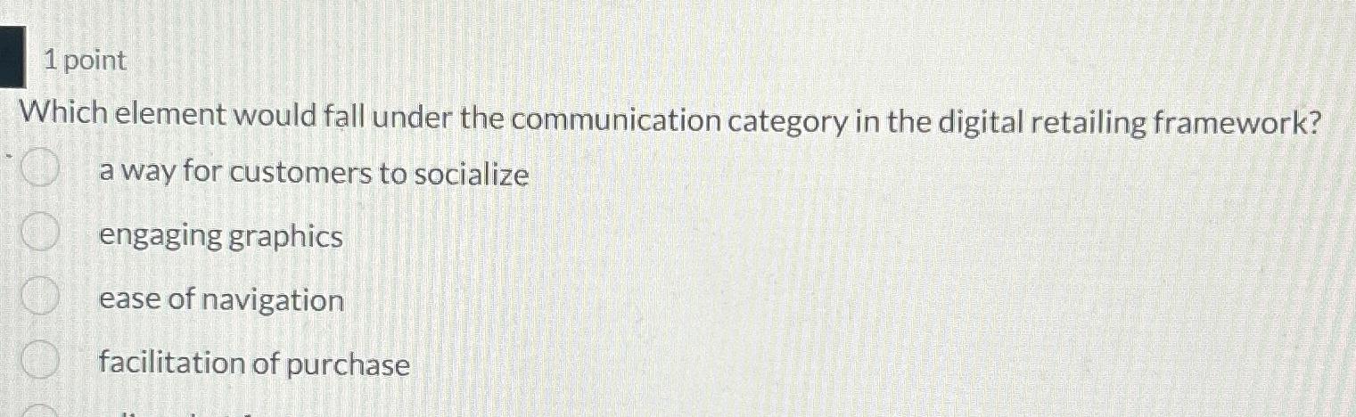  1 point Which element would fall under the communication category in