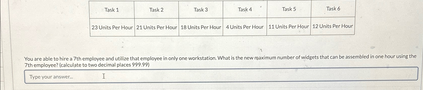  \table[[Task 1,Task 2,Task 3,Task 4,Task 5,Task 6],[23 Units Per Hour,21 Units