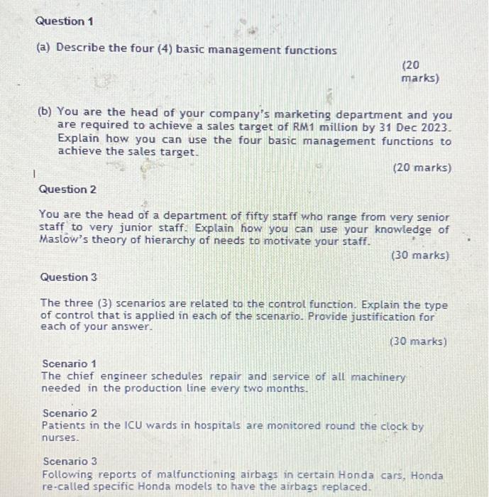  Question 1 (a) Describe the four (4) basic management functions 120