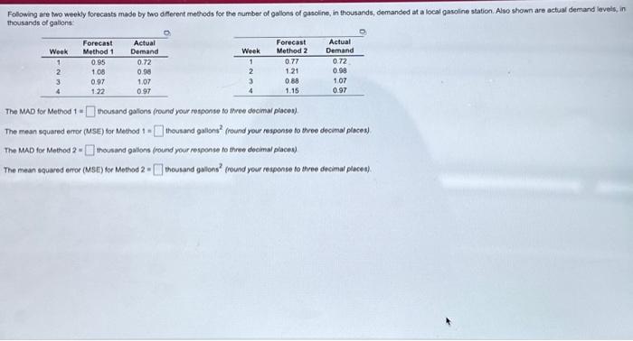  The MND for Method 1 = thousand gollons (round your response
