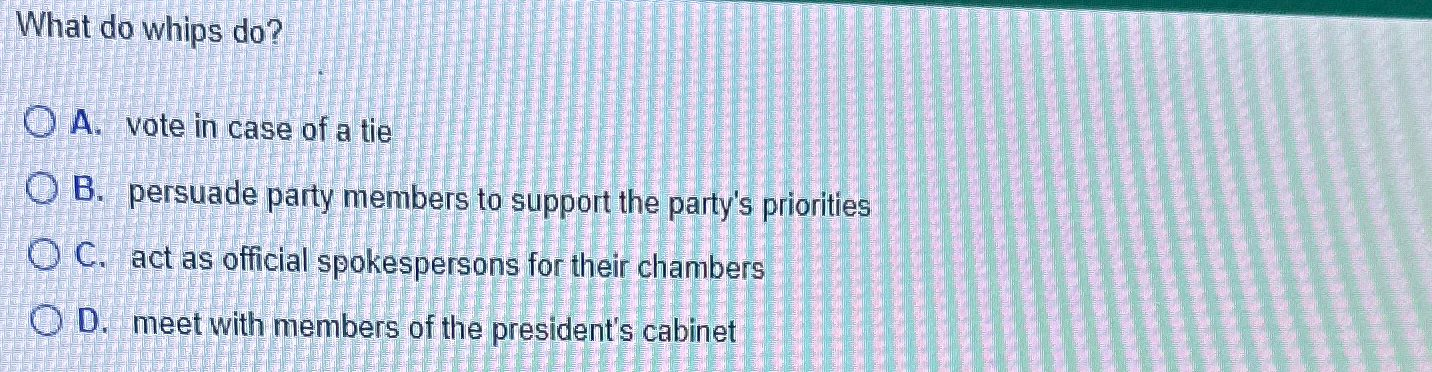  What do whips do? A. vote in case of a tie