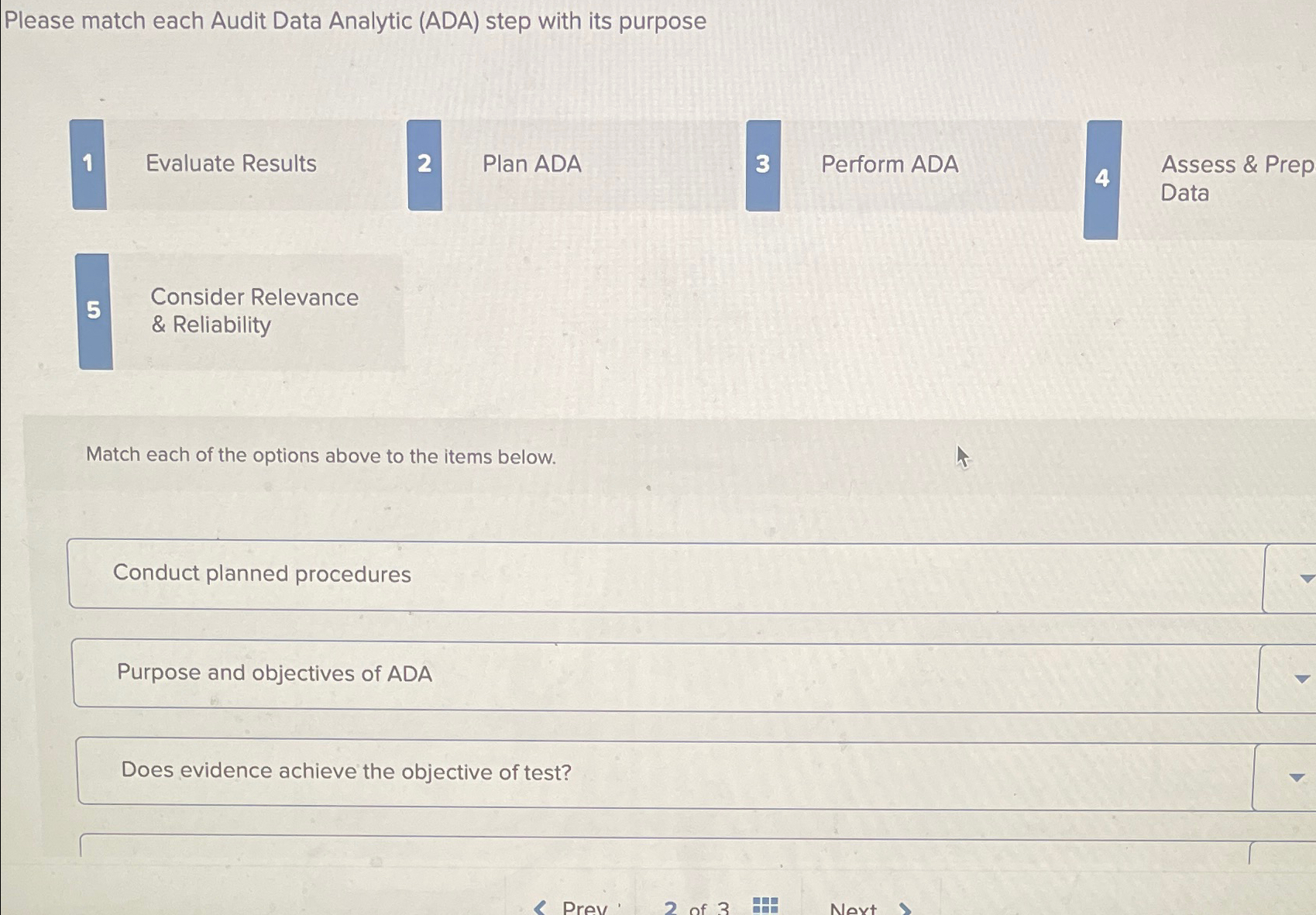  Please match each Audit Data Analytic (ADA) step with its purpose
