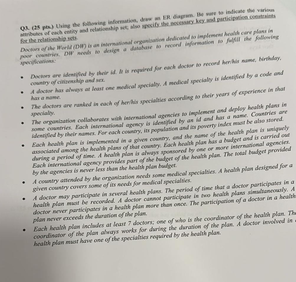  Q3.(25 pts.) Using the following information, draw an ER diagram. Be