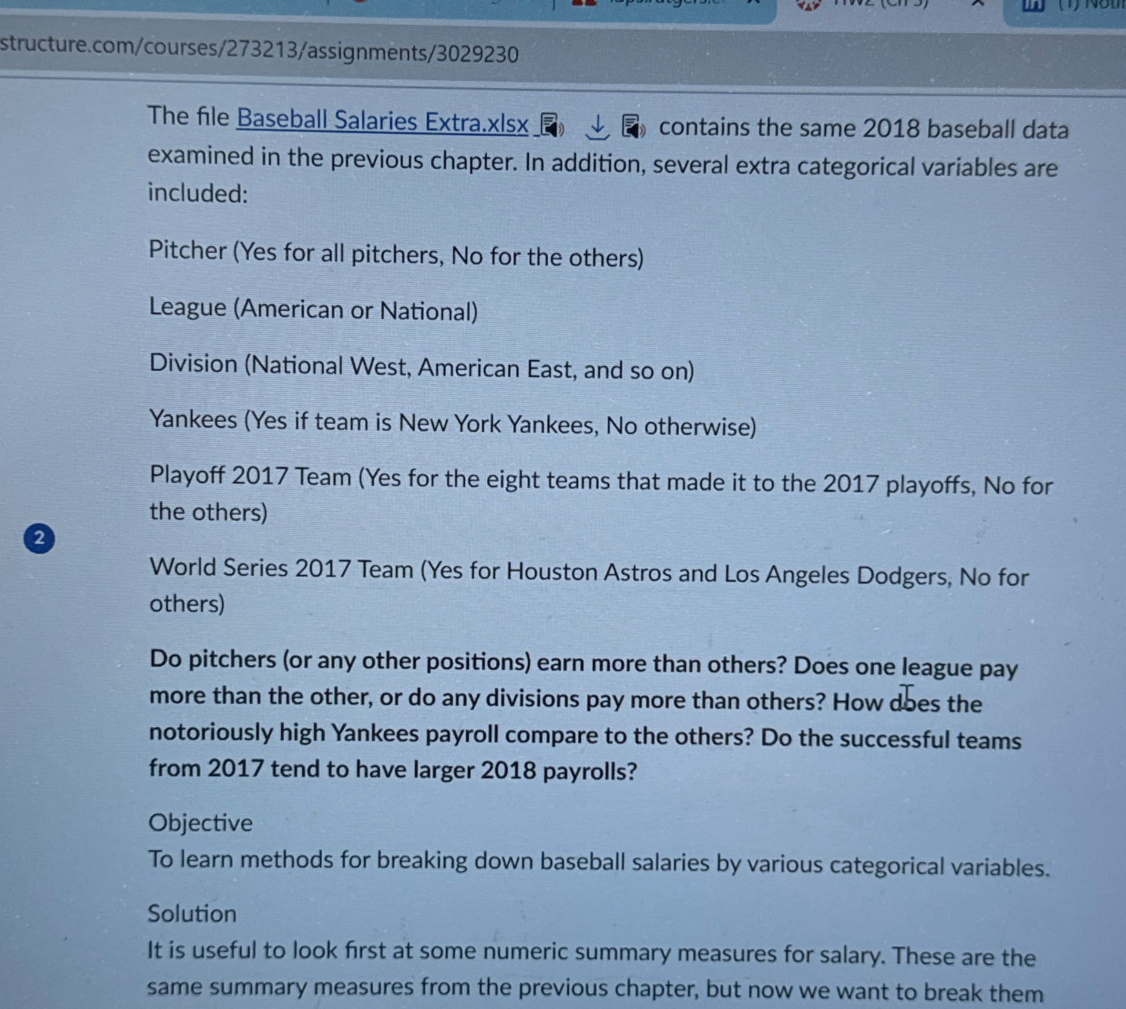  structure.com/courses/273213/assignments/3029230 The file Baseball Salaries Extra.xlsx _) darr ) contains the