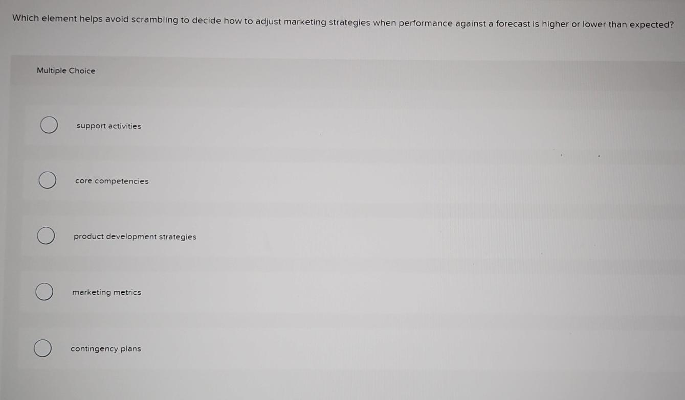  Which element helps avoid scrambling to decide how to adjust marketing