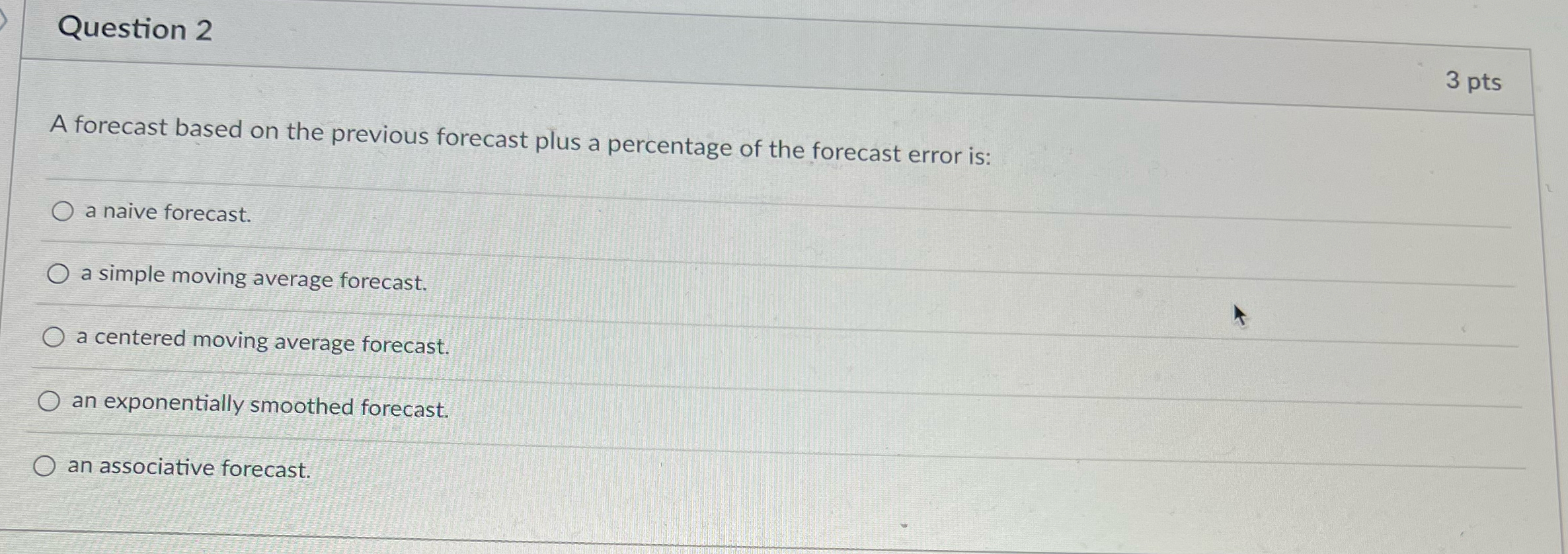  Question 2 3 pts A forecast based on the previous forecast