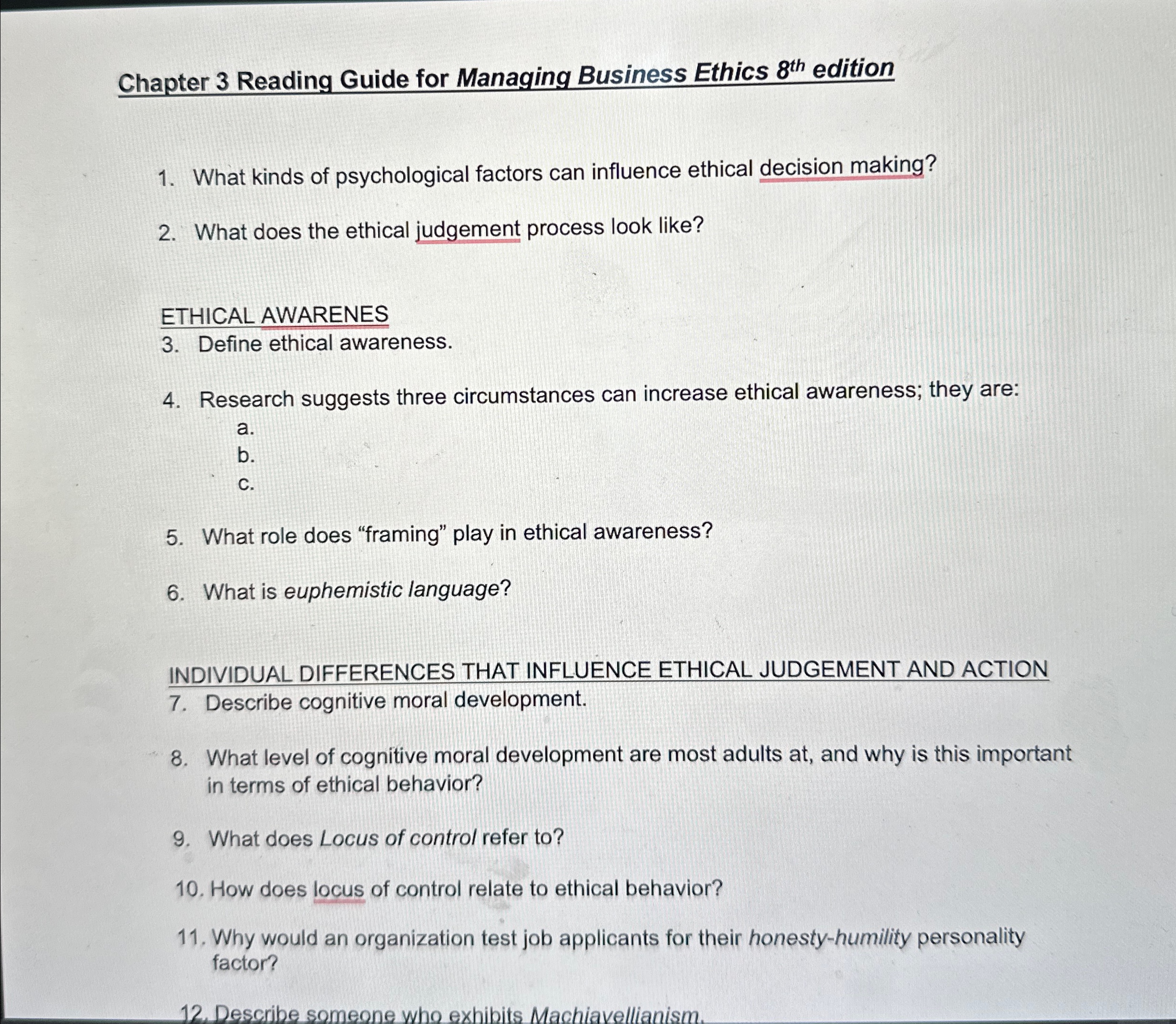  Chapter 3 Reading Guide for Managing Business Ethics 8th edition What