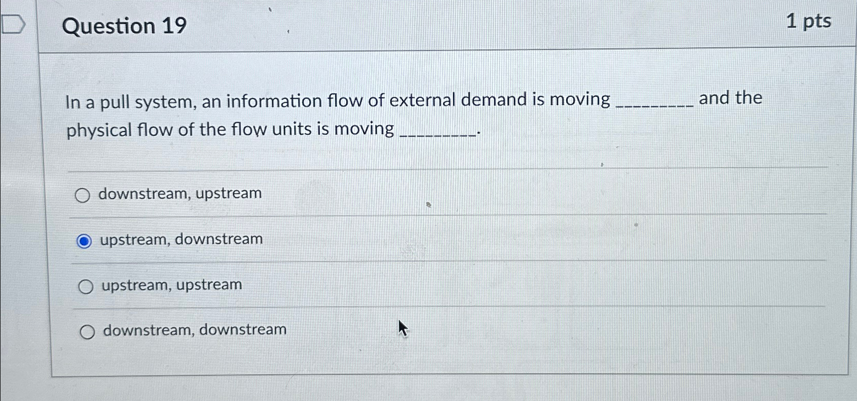  Question 19 1 pts In a pull system, an information flow