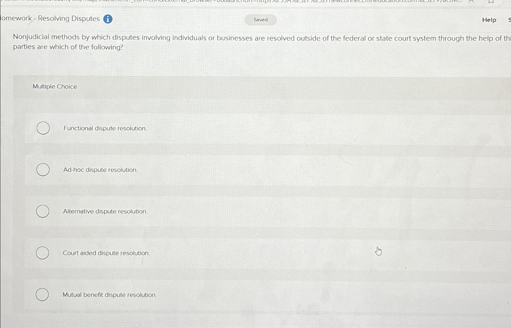  omework-Resolving Disputes (i) Help Nonjudicial methods by which disputes involving individuals