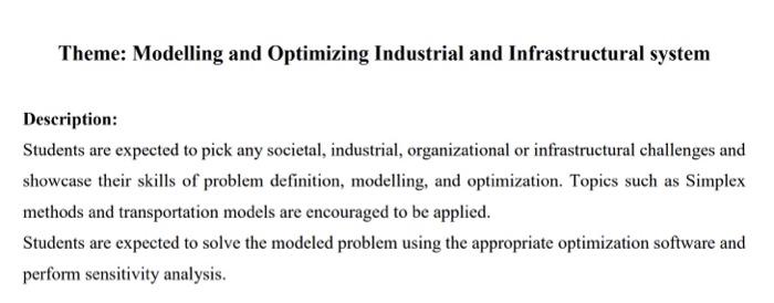  Theme: Modelling and Optimizing Industrial and Infrastructural system Description: Students are