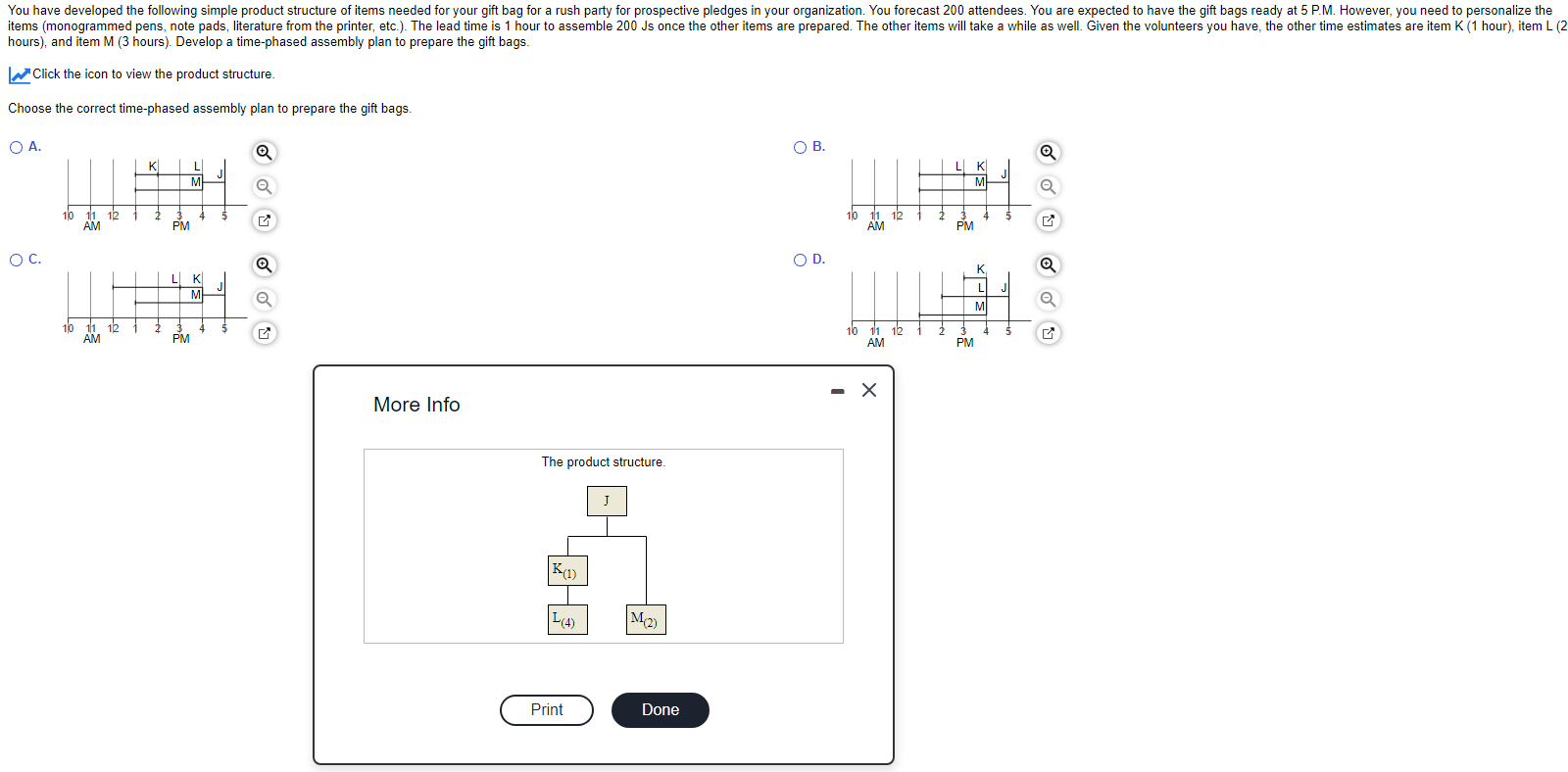  hours), and item M (3 hours). Develop a time-phased assembly plan
