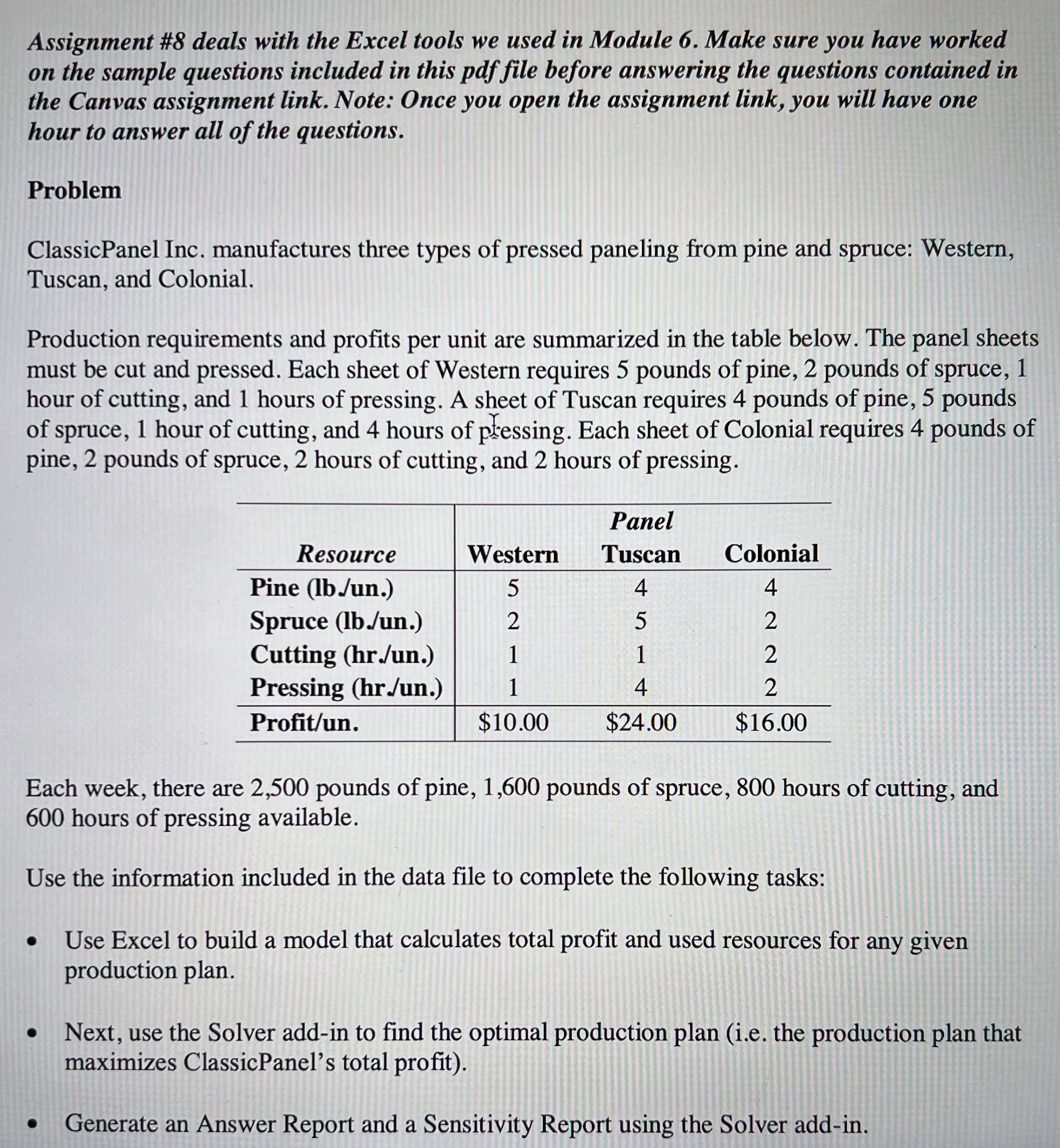  Assignment #8 deals with the Excel tools we used in Module