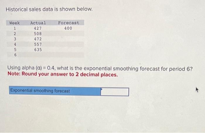  Historical sales data is shown below. Using alpha (a)=0.4, what is