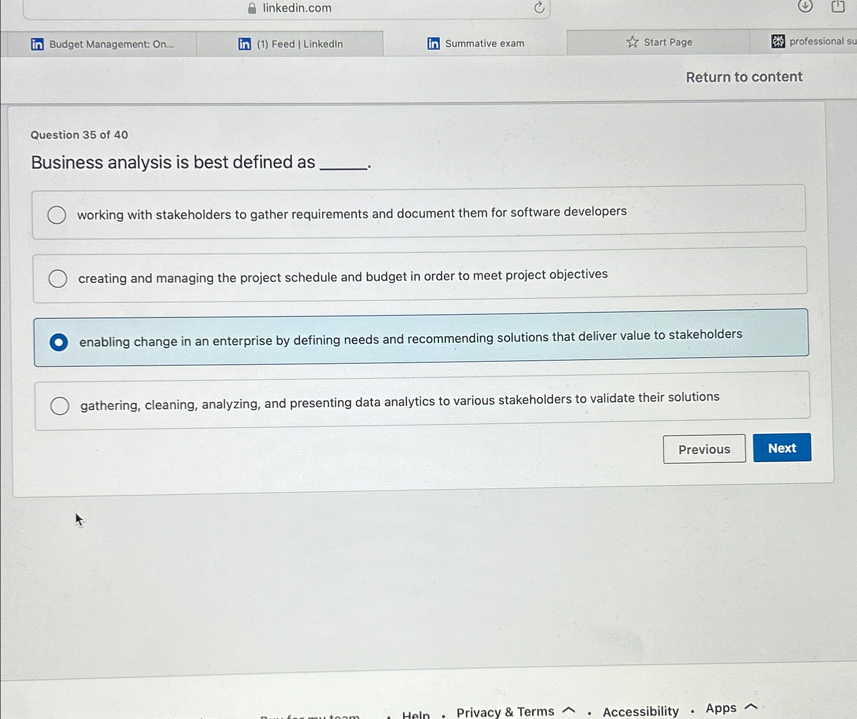  linkedin.com Budget Management: On... (1) Feed / Linkedin Summative exam Start