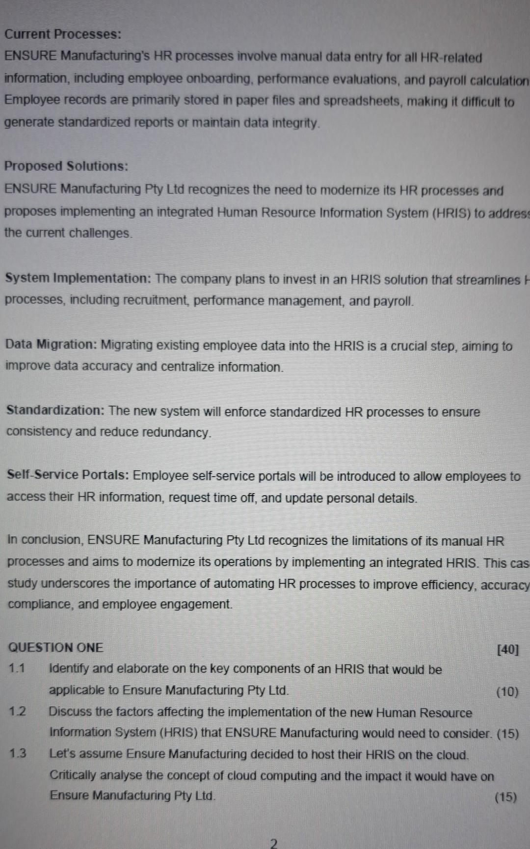 ENSURE Manufacturing Pty Ltd- Manual HR Processes and Their Challenges Background: ENSURE