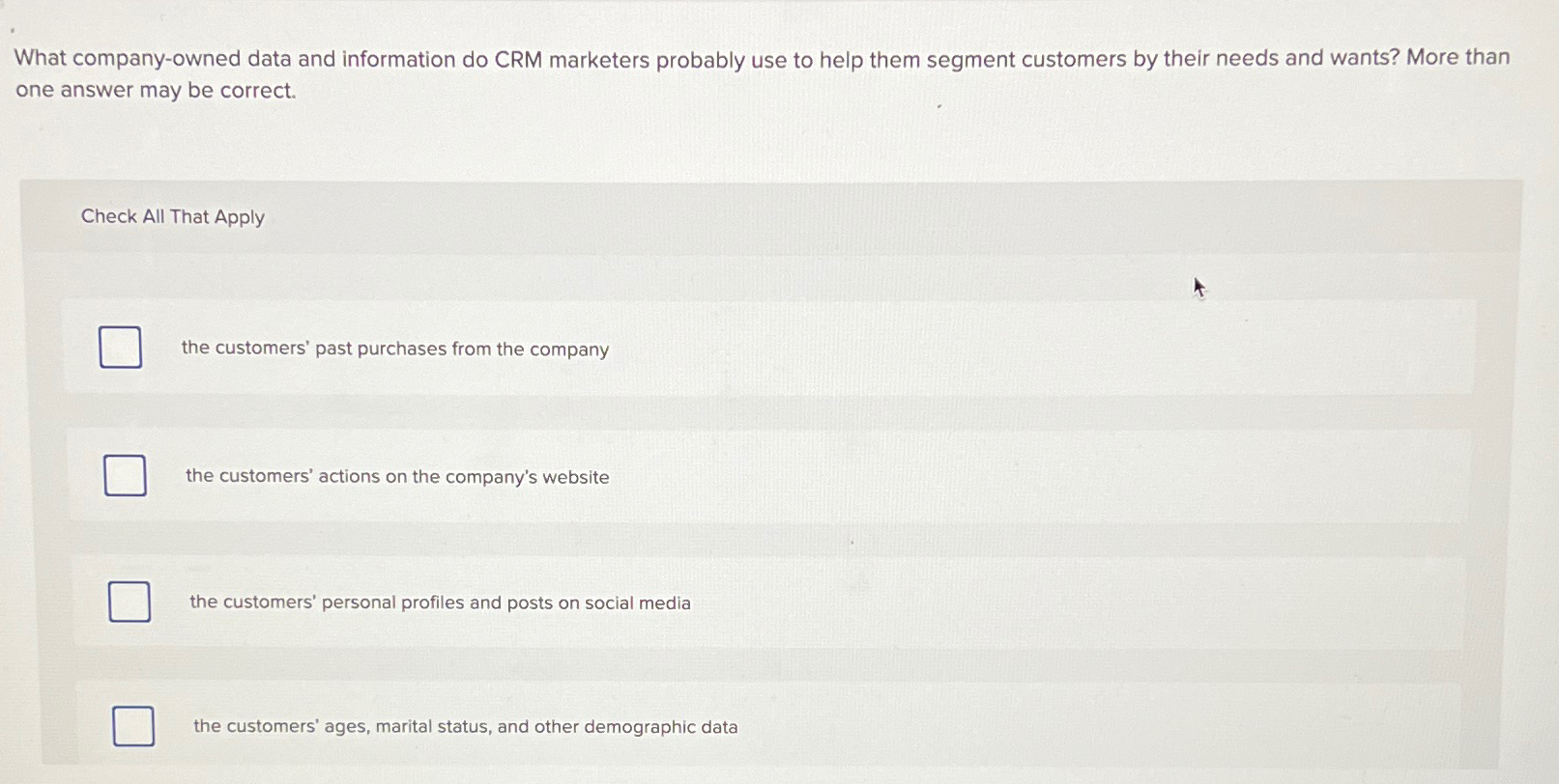  What company-owned data and information do CRM marketers probably use to