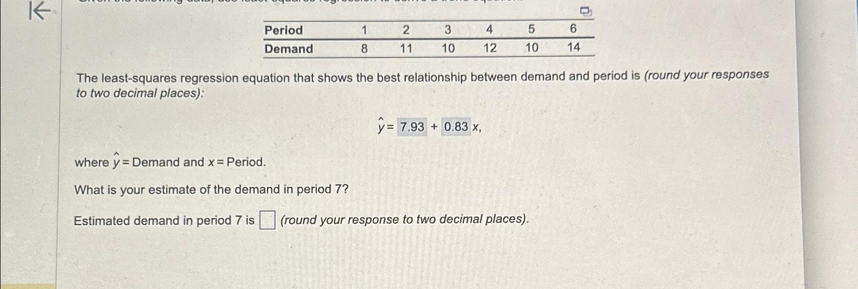  \table[[Period,1,2,3,4,5,6],[Demand,8,11,10,12,10,14]] The least-squares regression equation that shows the best relationship between