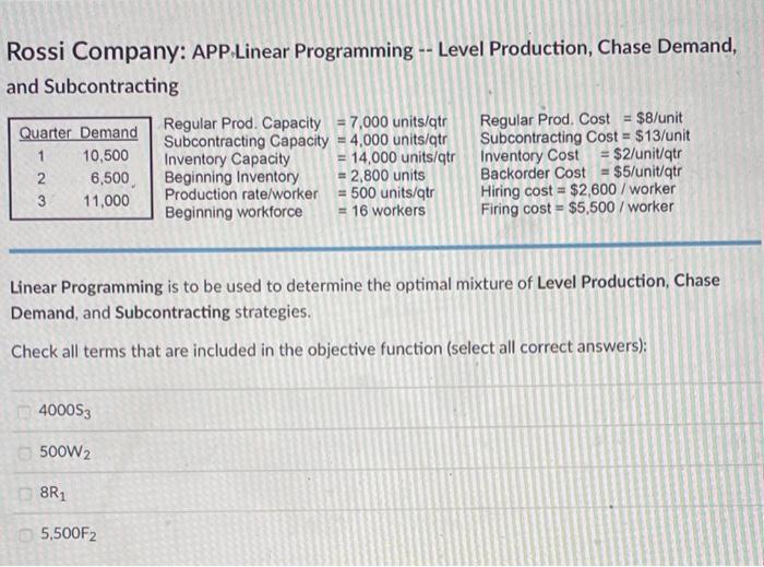  Rossi Company: APP Linear Programming - Level Production, Chase Demand, and