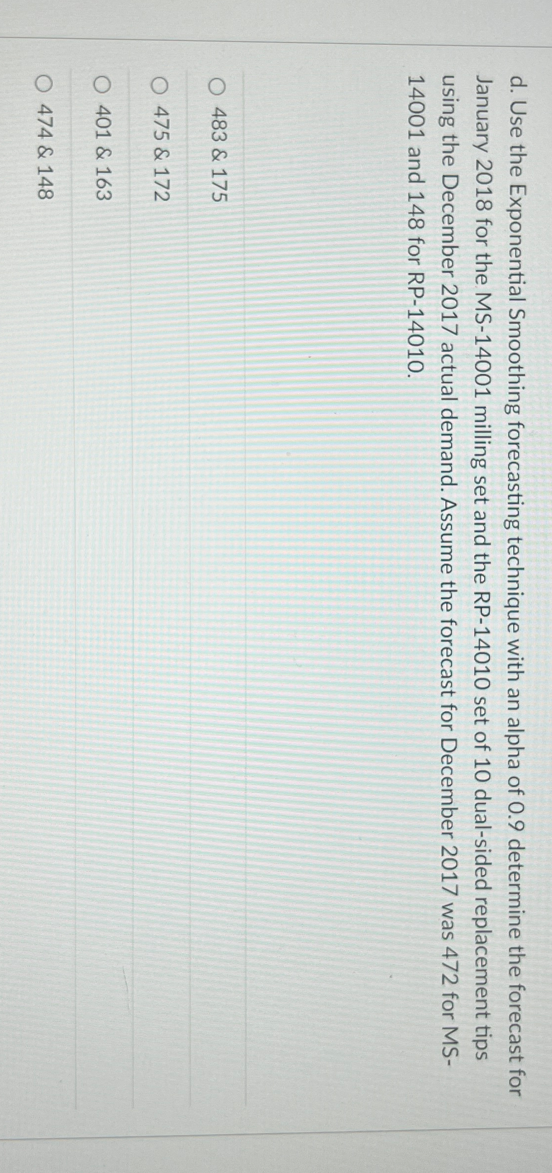  d. Use the Exponential Smoothing forecasting technique with an alpha of
