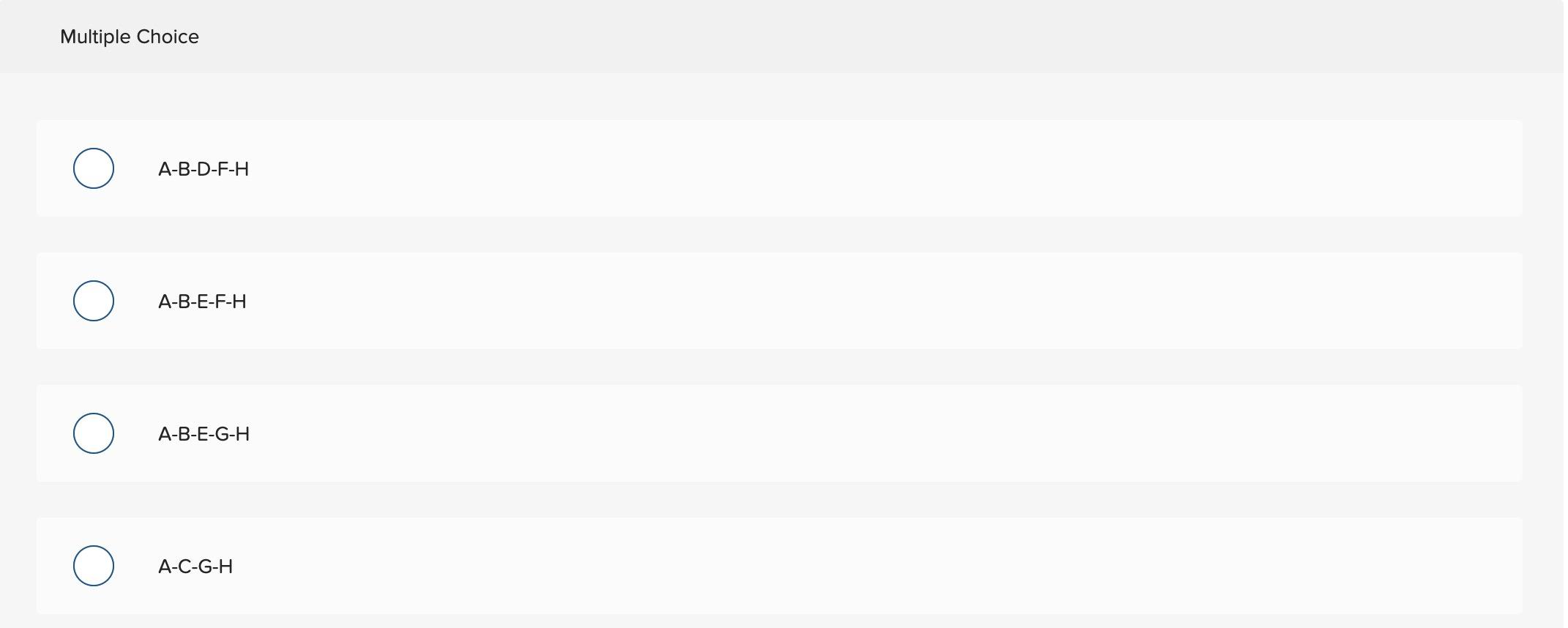 Choice A-B-D-F-H A-B-E-F-H A-B-E-G-H A-C-G-H