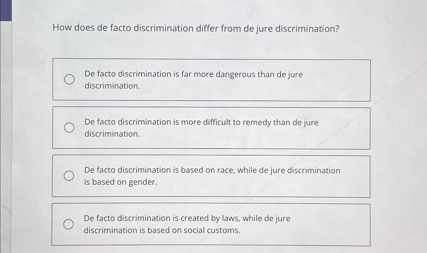  How does de facto discrimination differ from de jure discrimination? De