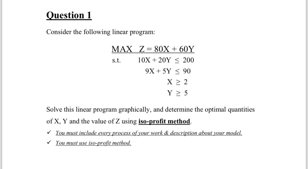  Question 1 Consider the following linear program: MAX Z=80x+60Y s.t.10x+20Y200 ,9x+5Y90