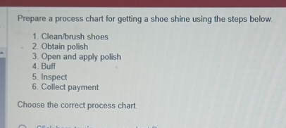  Prepare a process chart for getting a shoe shine using the