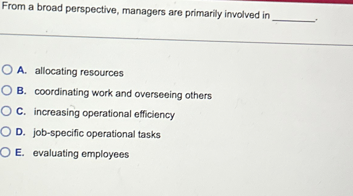  From a broad perspective, managers are primarily involved in A. allocating