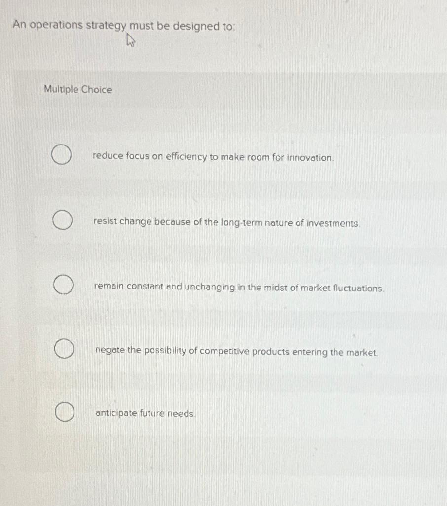  An operations strategy must be designed to: Multiple Choice reduce focus