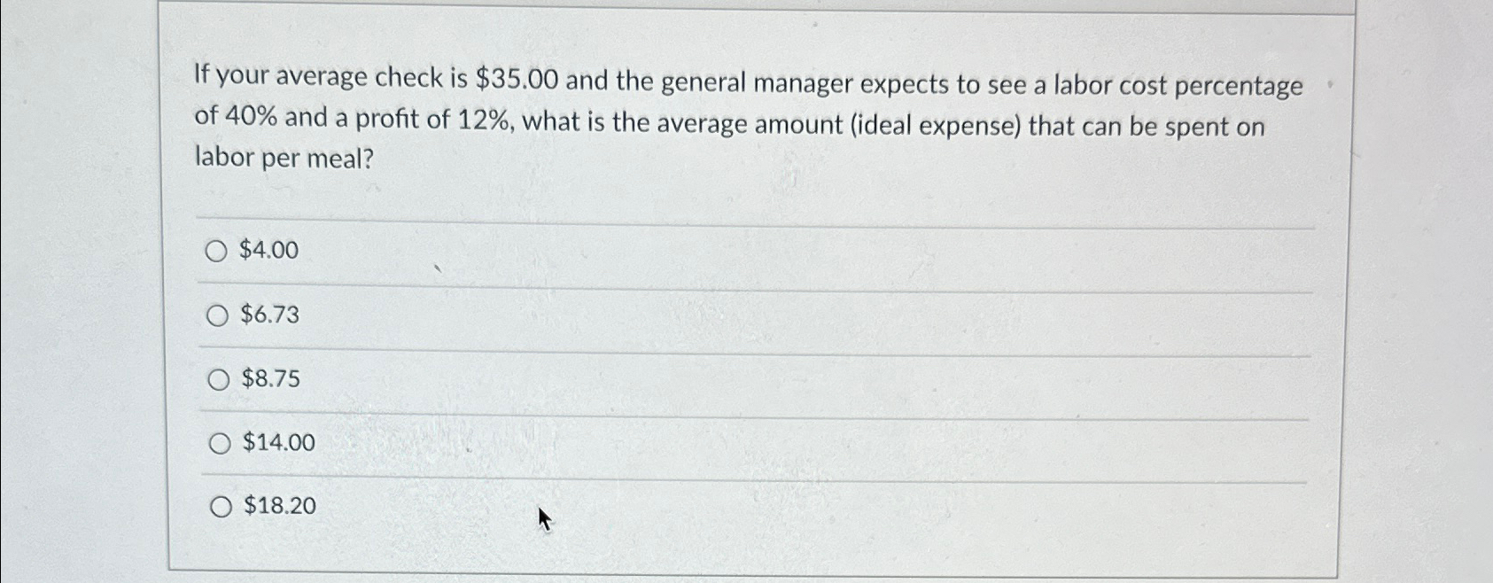  If your average check is $35.00 and the general manager expects