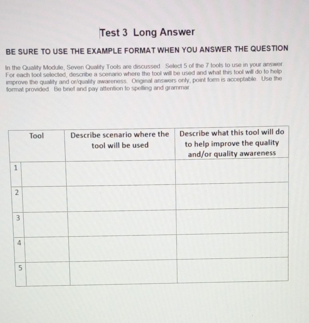 Test 3 Long Answer BE SURE TO USE THE EXAMPLE FORMAT