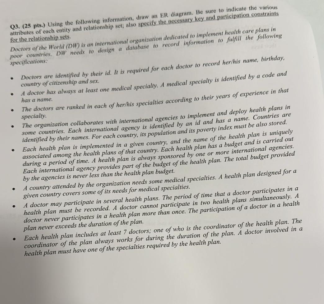 Q3.(25 pts.) Using the following information, draw an ER diagram. Be