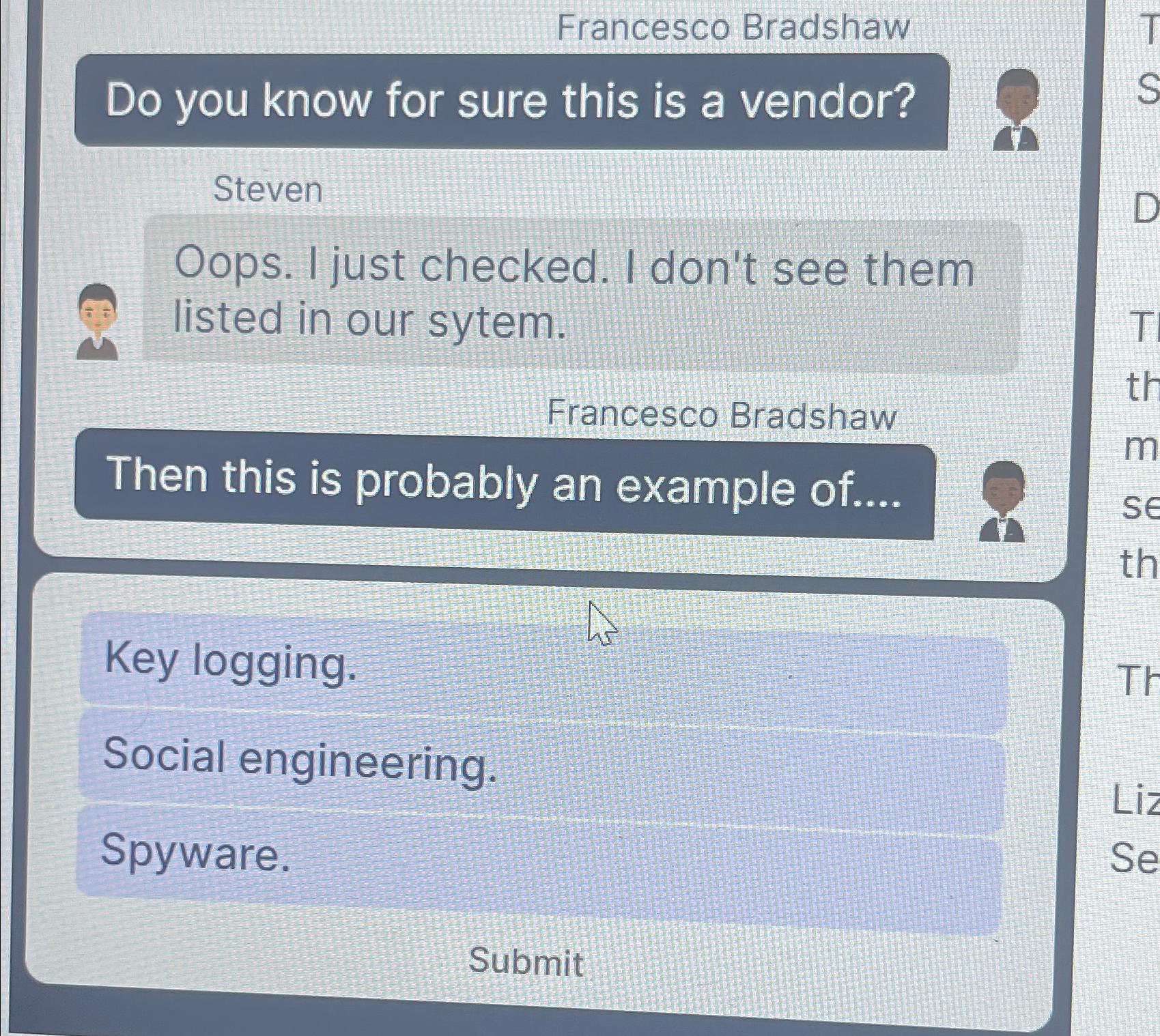  Francesco Bradshaw Do you know for sure this is a vendor?