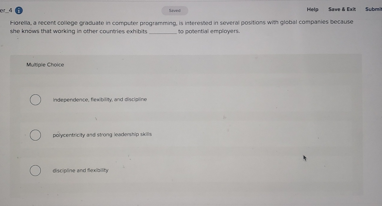  er_4(i) Help Save & Exit Submit Fiorella, a recent college graduate