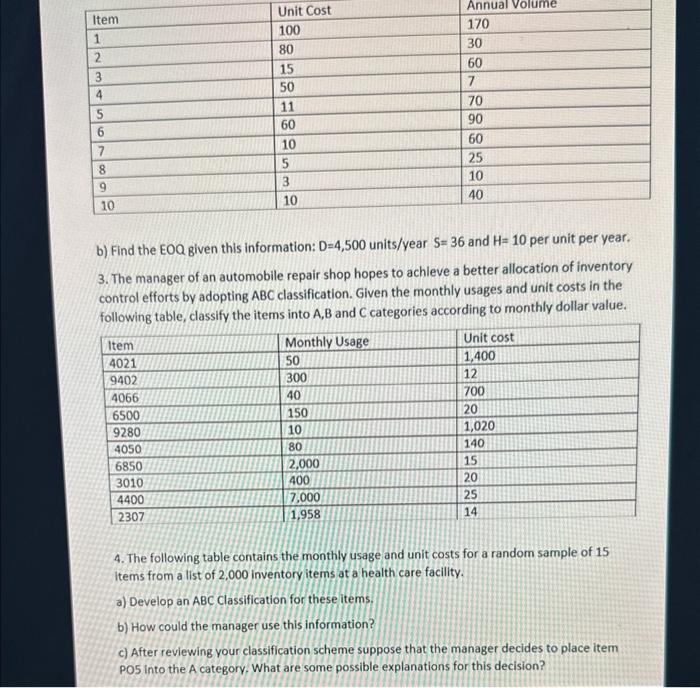 on innV/. b) Find the EOQ given this information: D=4,500 units/year S=36
