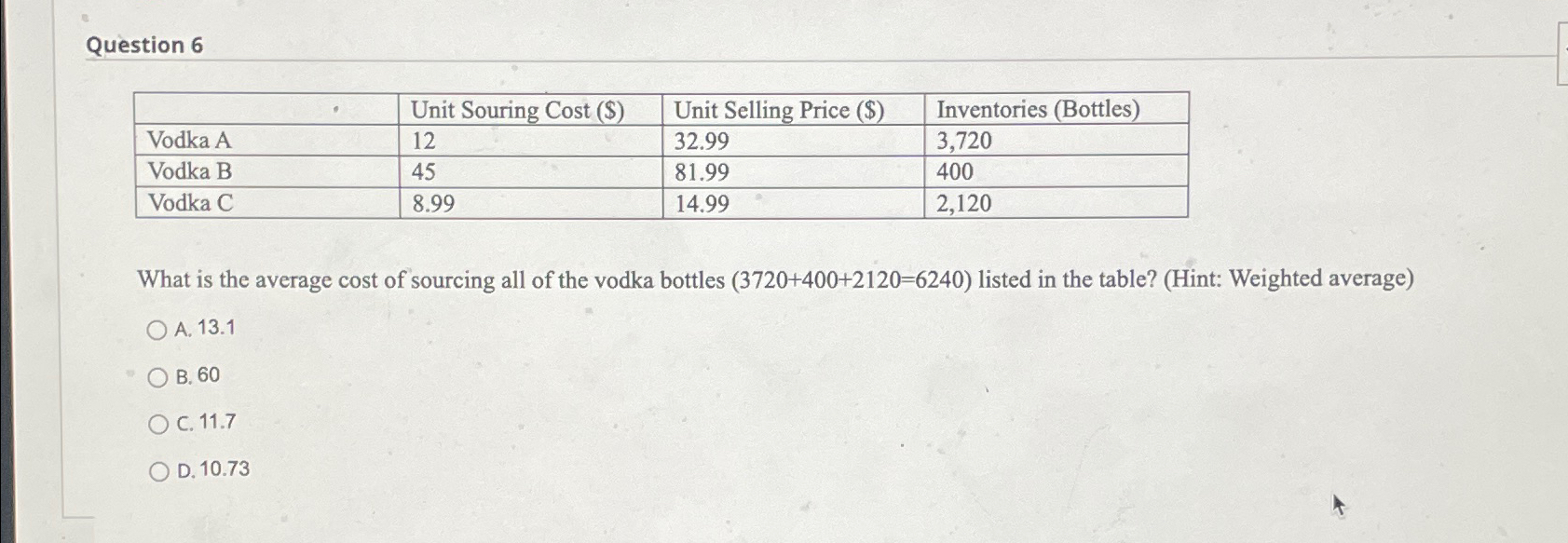  Question 6 \table[[,Unit Souring Cost ($),Unit Selling Price ($),Inventories (Bottles)],[Vodka A,12,32.99,3,720],[Vodka